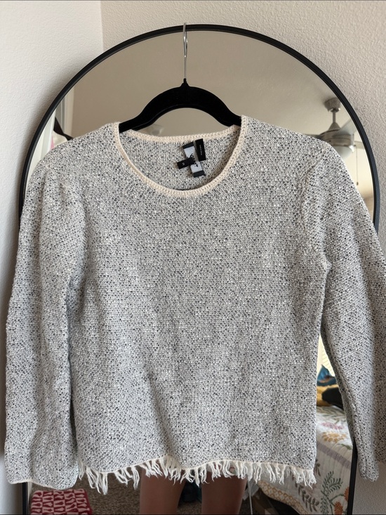 Theory Sweaters - Theory Cream & Black Tweed Fringe-Hem Crewneck Sweater